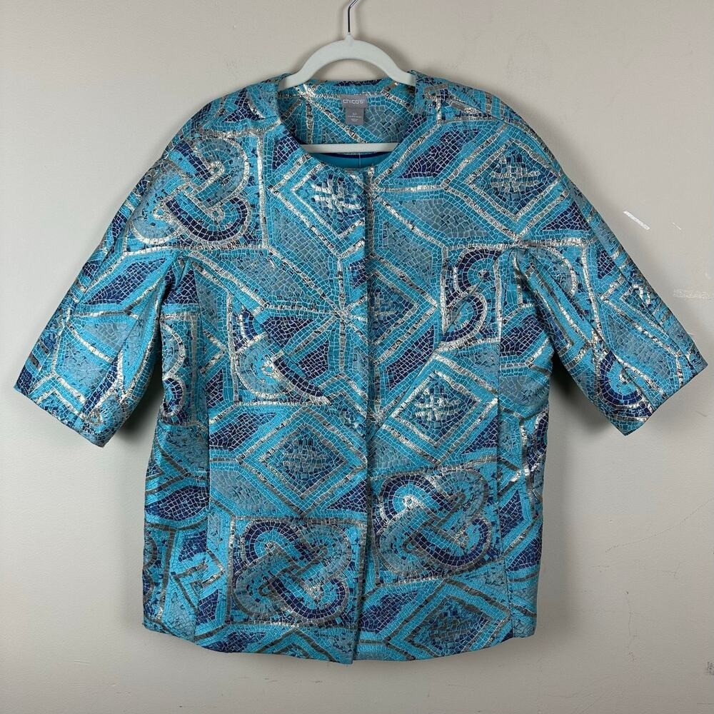 Chico's Jacket 3P Blue Metallic Mosaic Artsy Avant Garde Maximalist Statement